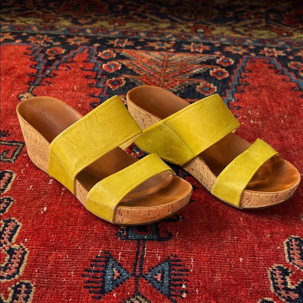 Chocolat Blu Yellow Leather Double-Strap Cork Wedge Mules